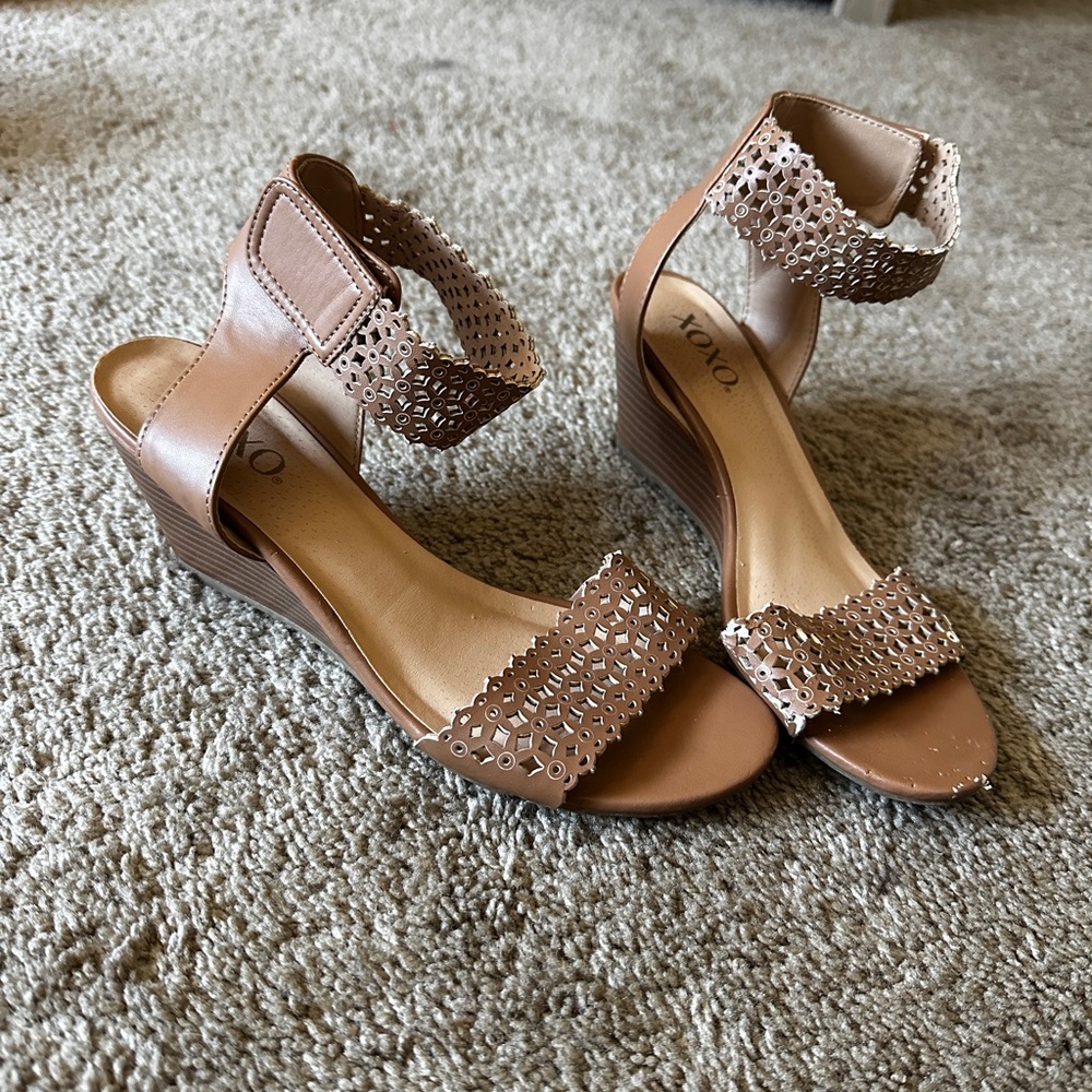 Tan and brown wedge sandals